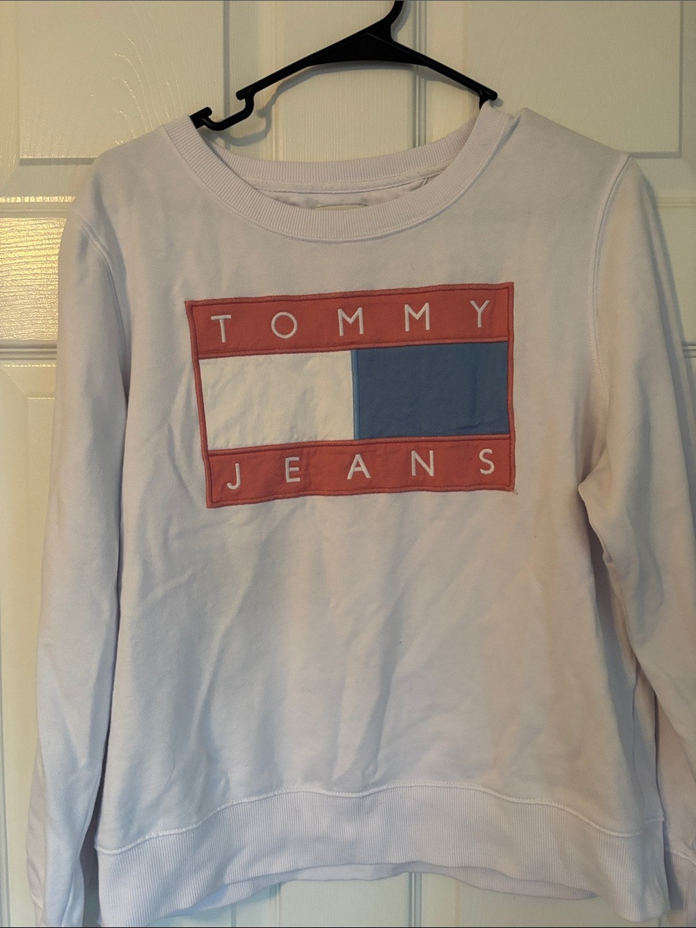 Tommy Hilfiger White Crewneck Sweatshirt with Red and Blue Logo